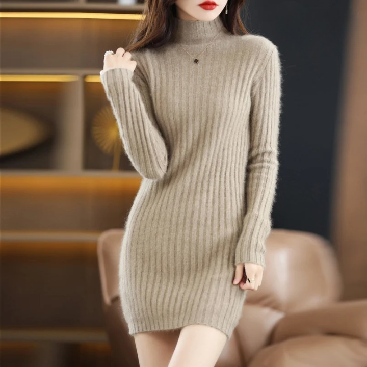 Damen Strickkleid Herbst für Hochzeitsgäste in Khaki