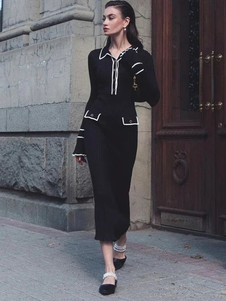 Damen Strickkleid Maxi im Vintage-Stil in Schwarz-A