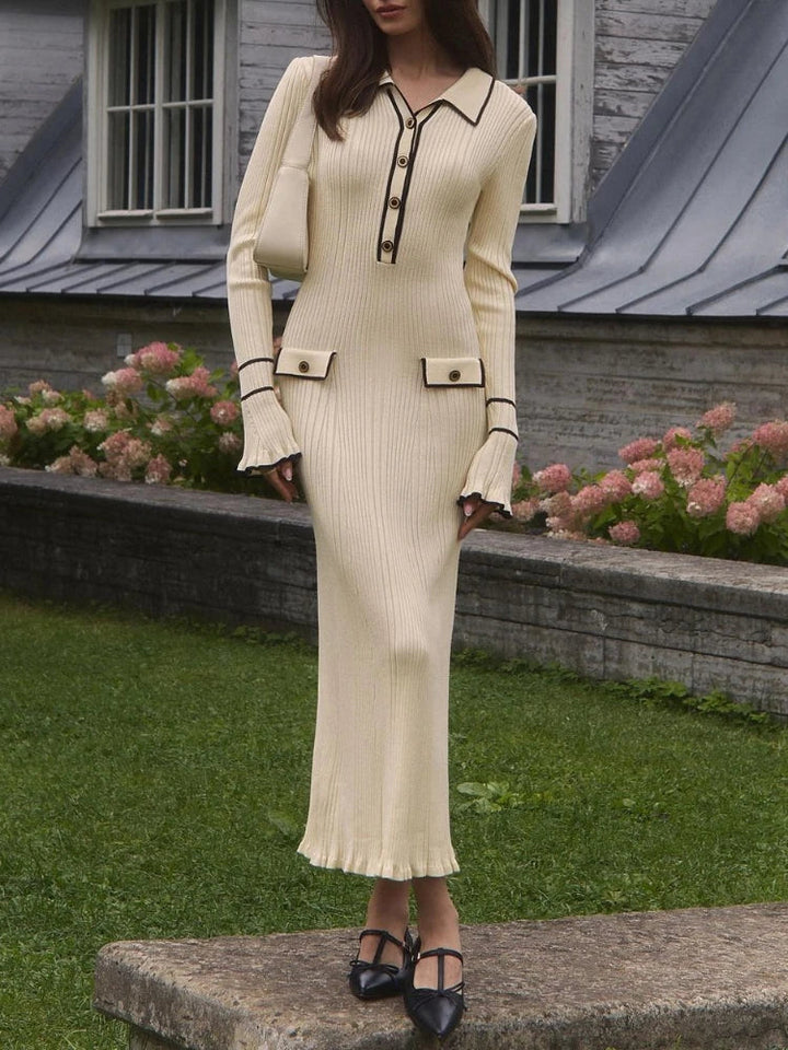 Damen Strickkleid Maxi im Vintage-Stil in Weiß-A