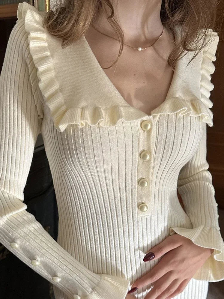 Damen Strickkleid Maxi im Vintage-Stil in Weiß-C