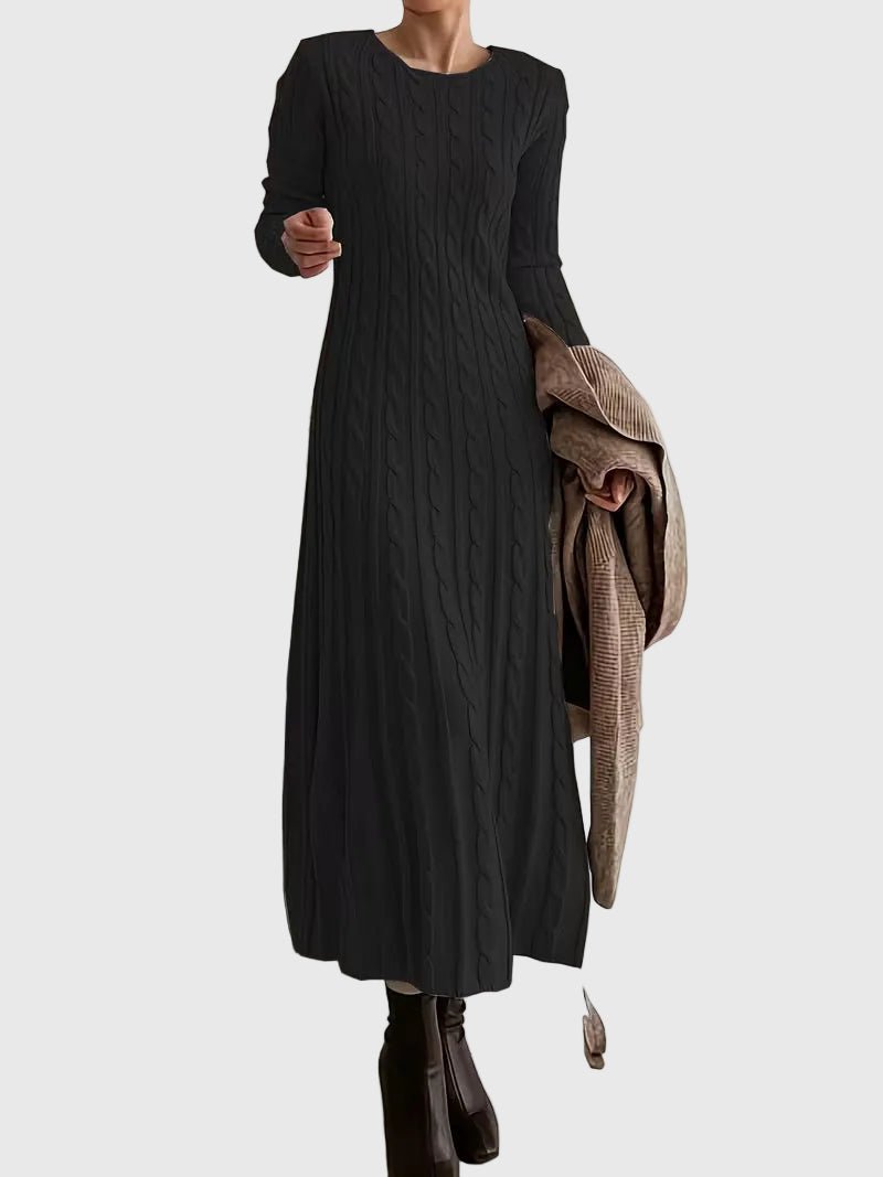 Damen Strickkleid Maxi im Zopfmuster in Schwarz