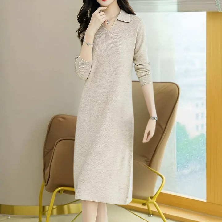 Damen Strickkleid Midi mit figurbetonter Passform in Aprikose