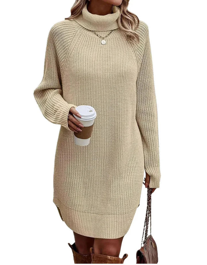 Damen Strickkleid mit Rollkragen zum Herbst in Beige