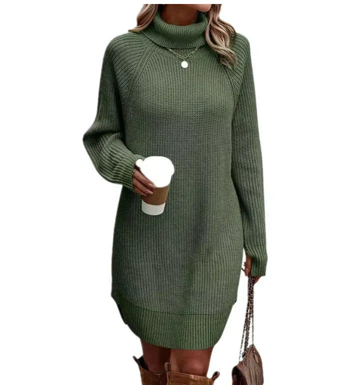 Damen Strickkleid mit Rollkragen zum Herbst in Grün