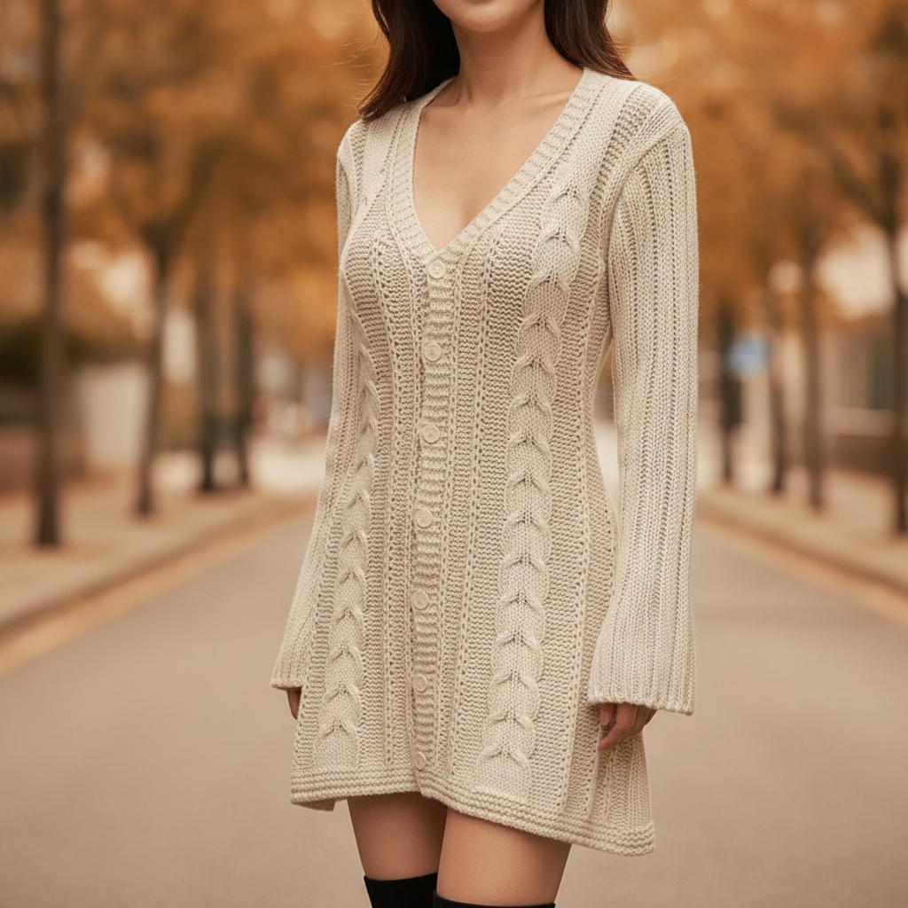 Damen Strickkleid mit Zopfmuster für den Herbst