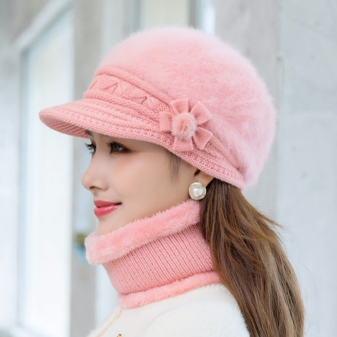 Damen Strickmütze und Schal-Set für Winter in Glatte Mütze Rosa