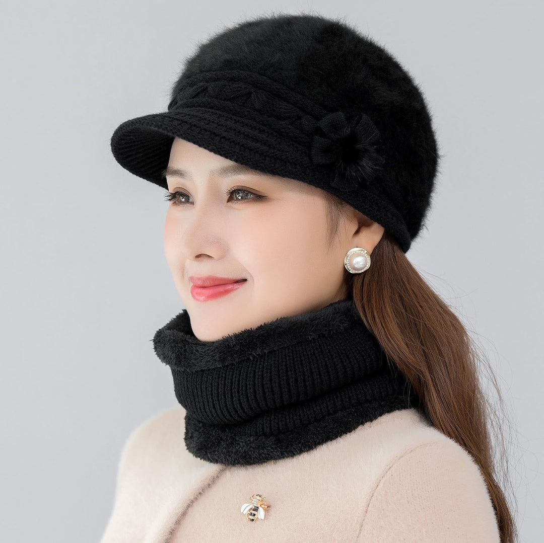 Damen Strickmütze und Schal-Set für Winter in Glatte Mütze Schwarz