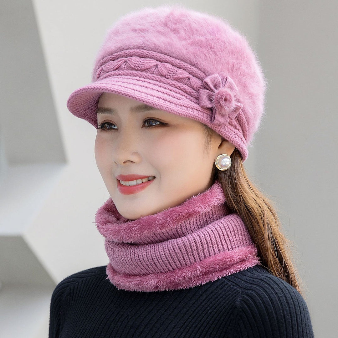 Damen Strickmütze und Schal-Set für Winter in Glatte Mütze Violett
