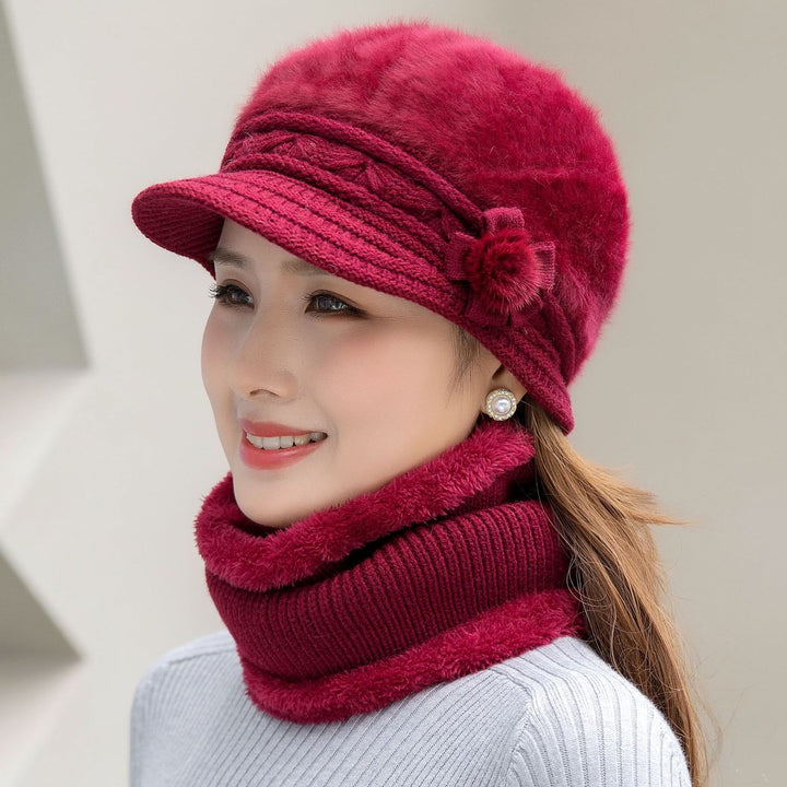 Damen Strickmütze und Schal-Set für Winter in Glatte Mütze Weinrot