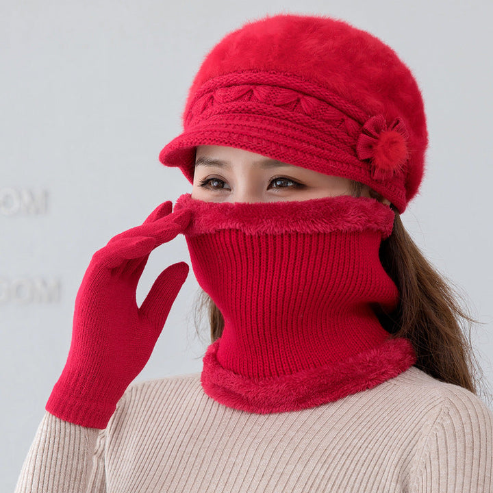Damen Strickmütze und Schal-Set für Winter in Mütze + Halstuch Rot