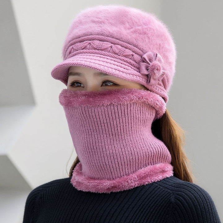 Damen Strickmütze und Schal-Set für Winter in Mütze + Halstuch Violett
