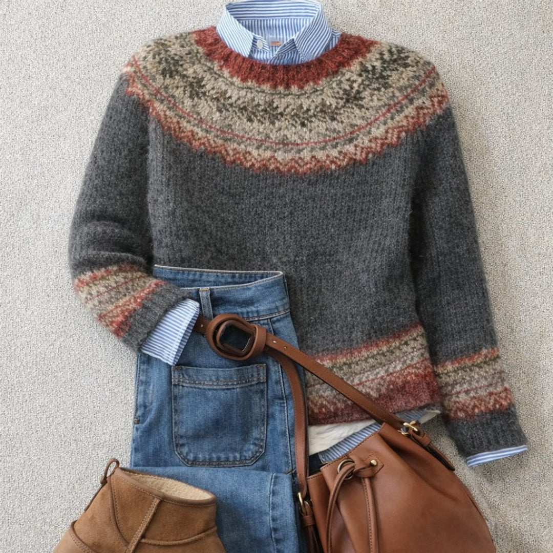 Damen Strickpullover im Nordischen Fair-Isle-Stil für Herbst in Grau