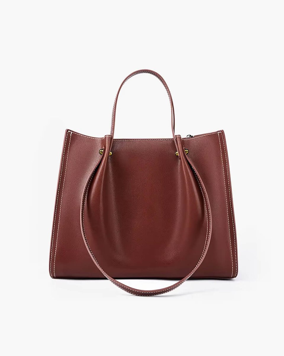 Damen Strukturierte Vegane-Leder Tasche mit Kontraststich in Braun