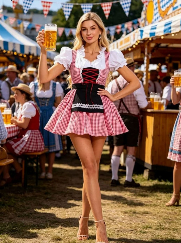 Damen Trachten-Bluse mit Dirndl und Schürze in Rot kariert