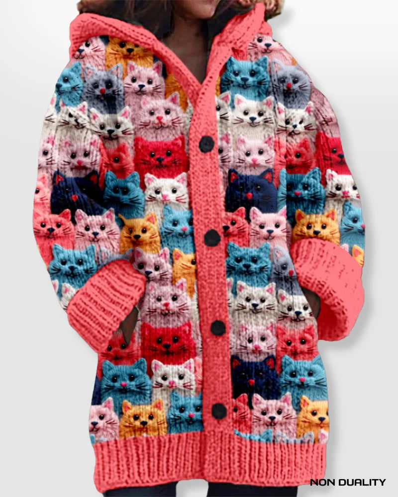 Damen Übergroße Kuschelige Strickjacke im Katzendesign