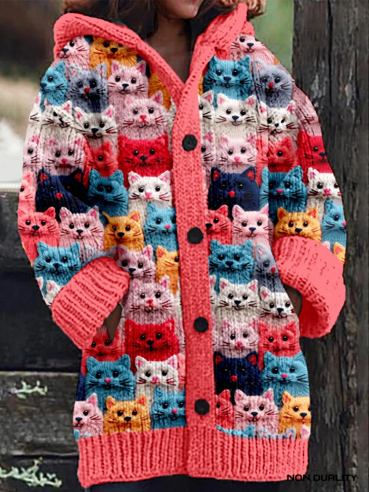 Damen Übergroße Kuschelige Strickjacke im Katzendesign in Entwurf 1