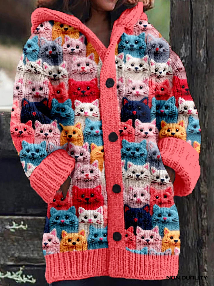 Damen Übergroße Kuschelige Strickjacke im Katzendesign in Entwurf 1