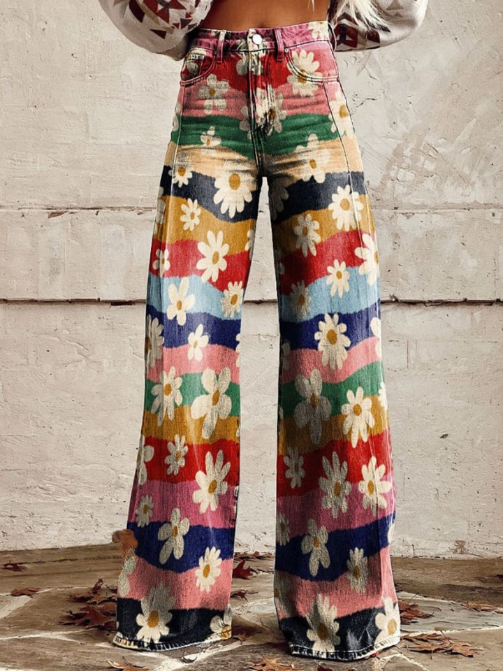 Damen Vintage Jeans Blütenprint Weites Bein