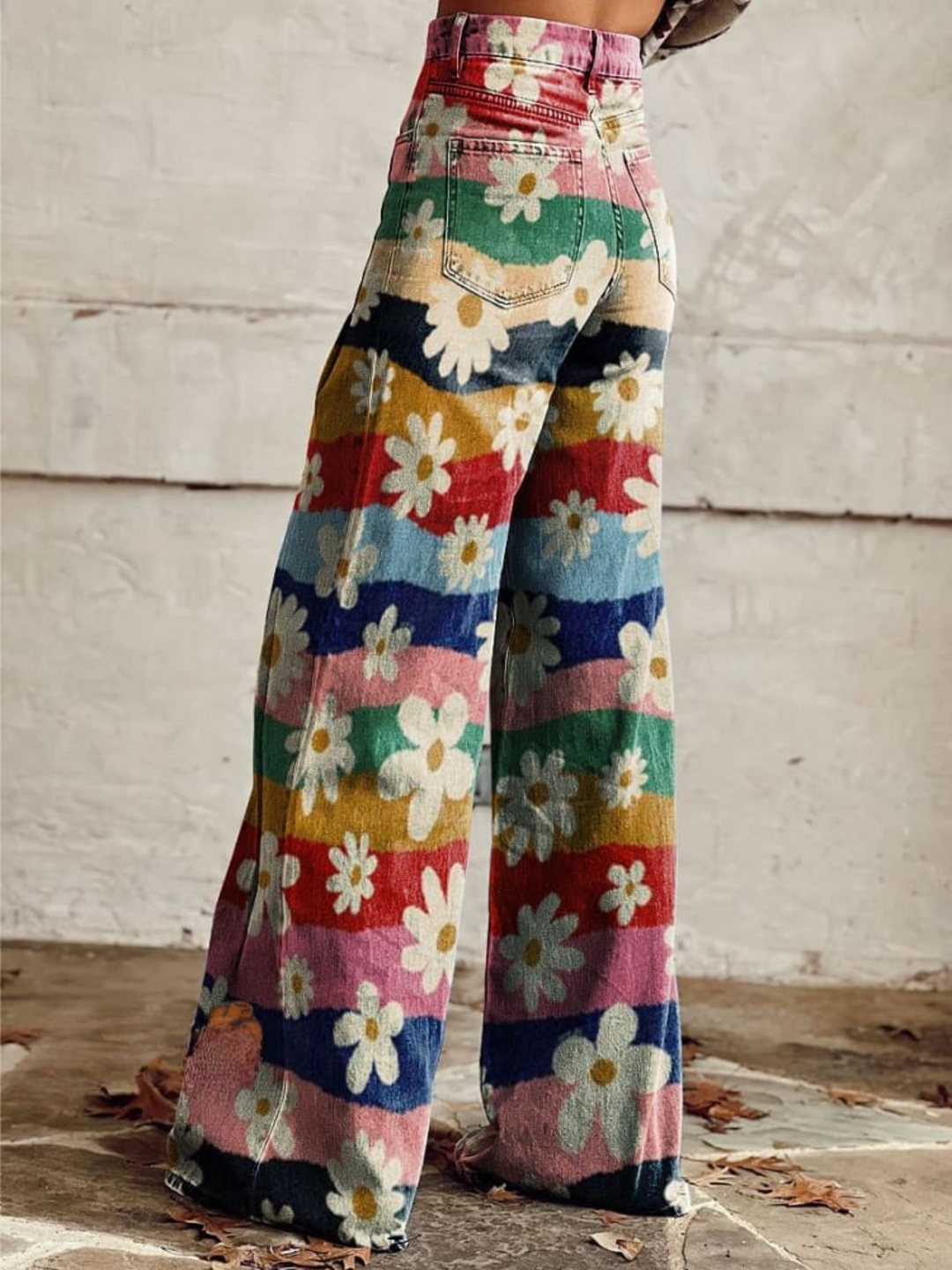 Damen Vintage Jeans Blütenprint Weites Bein in Mehrfarbig