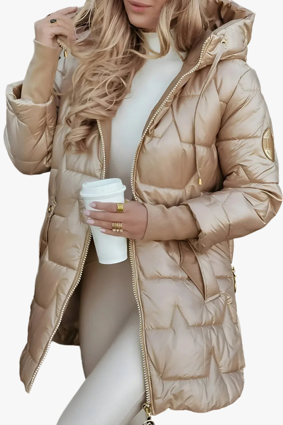 Damen warme lange gesteppte Pufferjacke für Herbst in Beige