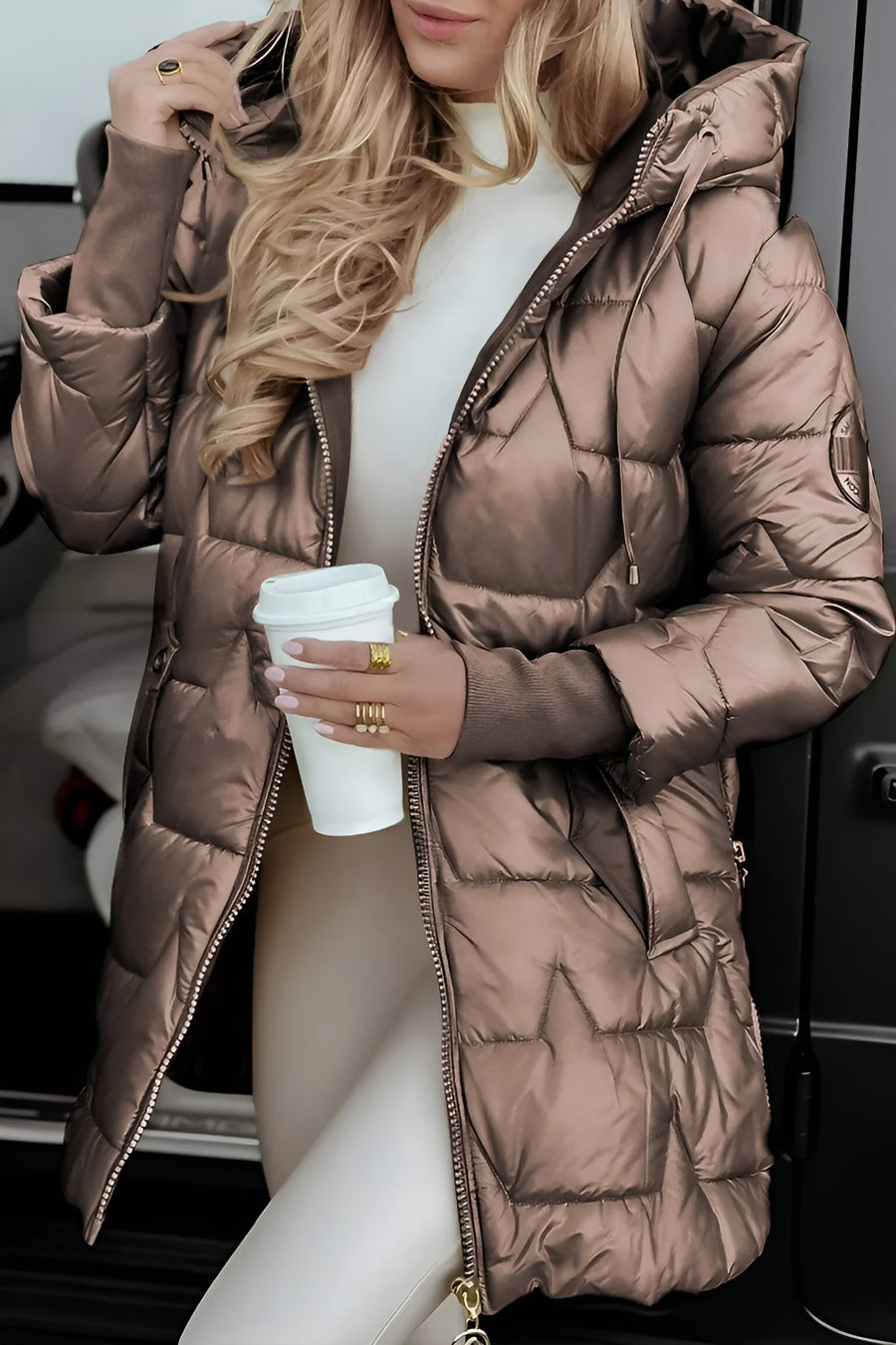 Damen warme lange gesteppte Pufferjacke für Herbst in Braun