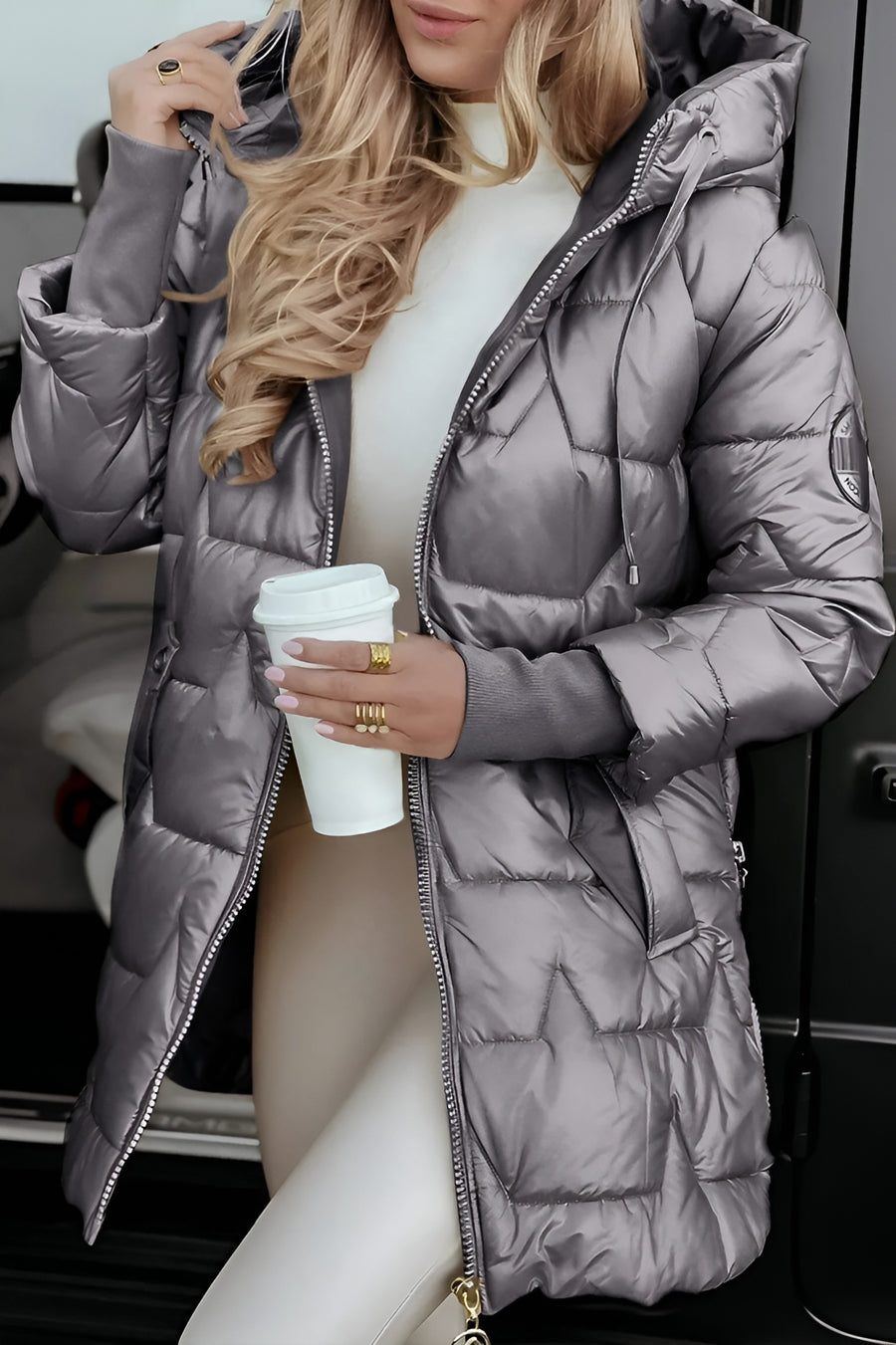 Damen warme lange gesteppte Pufferjacke für Herbst in Grau