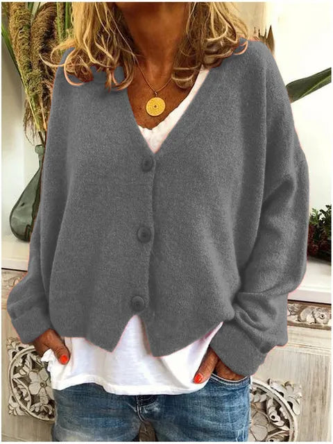 Damen Weiche Strickjacke mit V-Ausschnitt in Grau