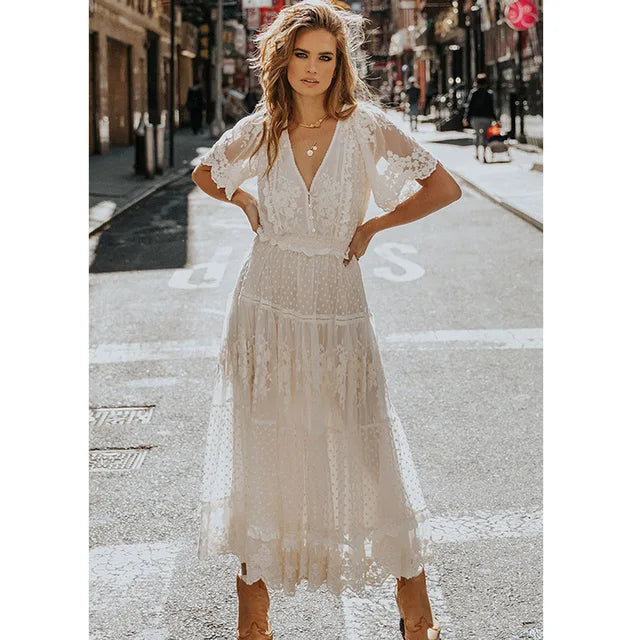 Damen Weißes Boho Sommerkleid