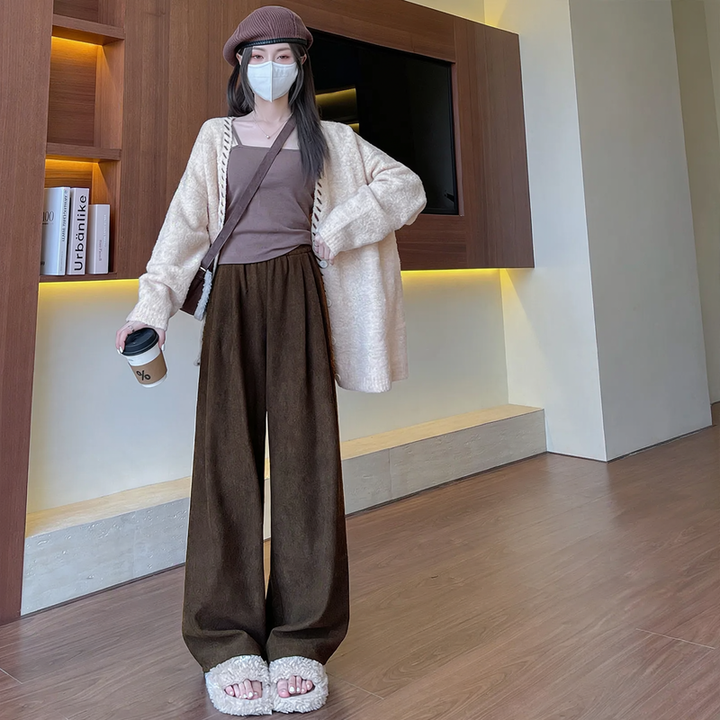 Damen Weite Cordhose mit hoher Taille in Dunkelkaffee Verlängert