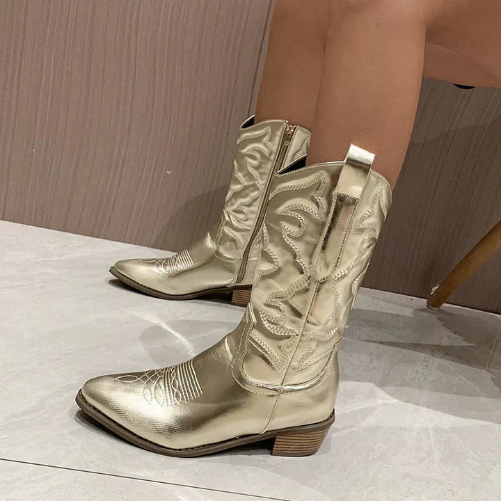Damen Western Stiefel mit Spitze für Herbst in Goldfarben