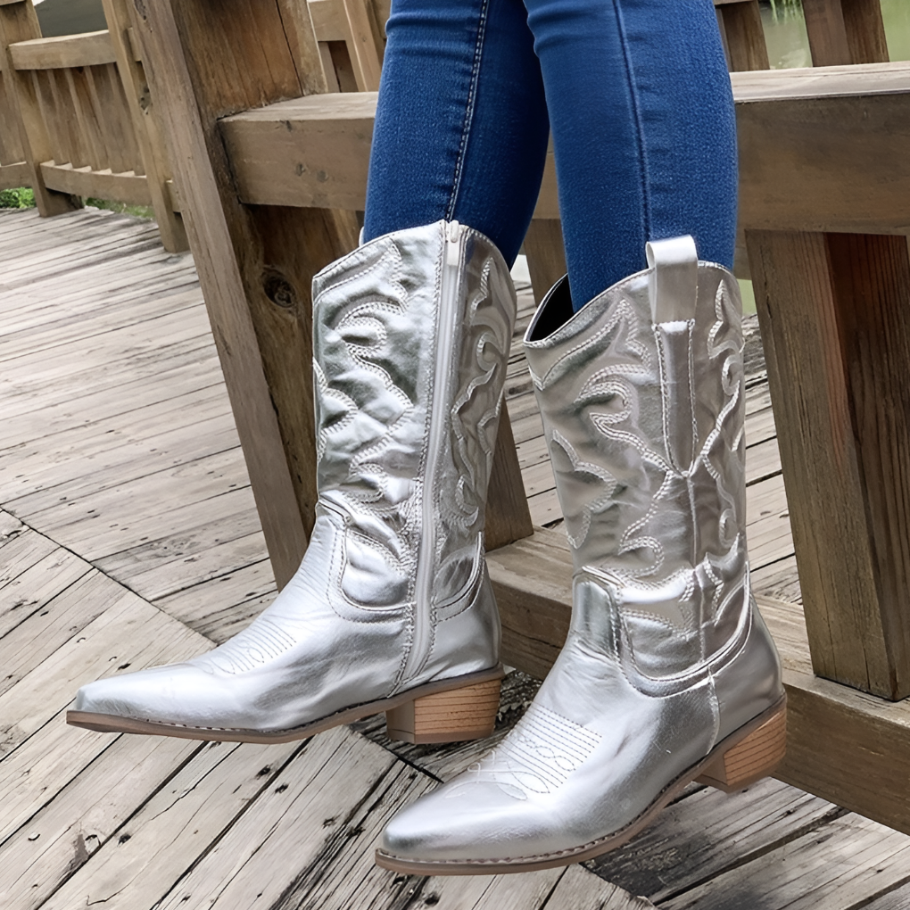 Damen Western Stiefel mit Spitze für Herbst in Silberfarben