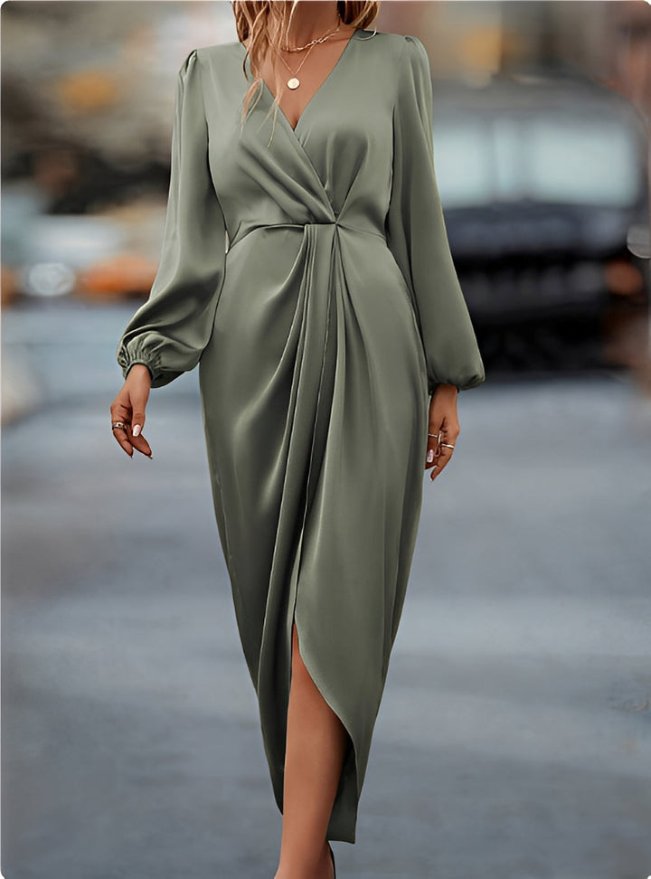 Damen Wickelkleid mit langen Ärmeln in Maxilänge für Hochzeitsgäste in Zielony Jasno