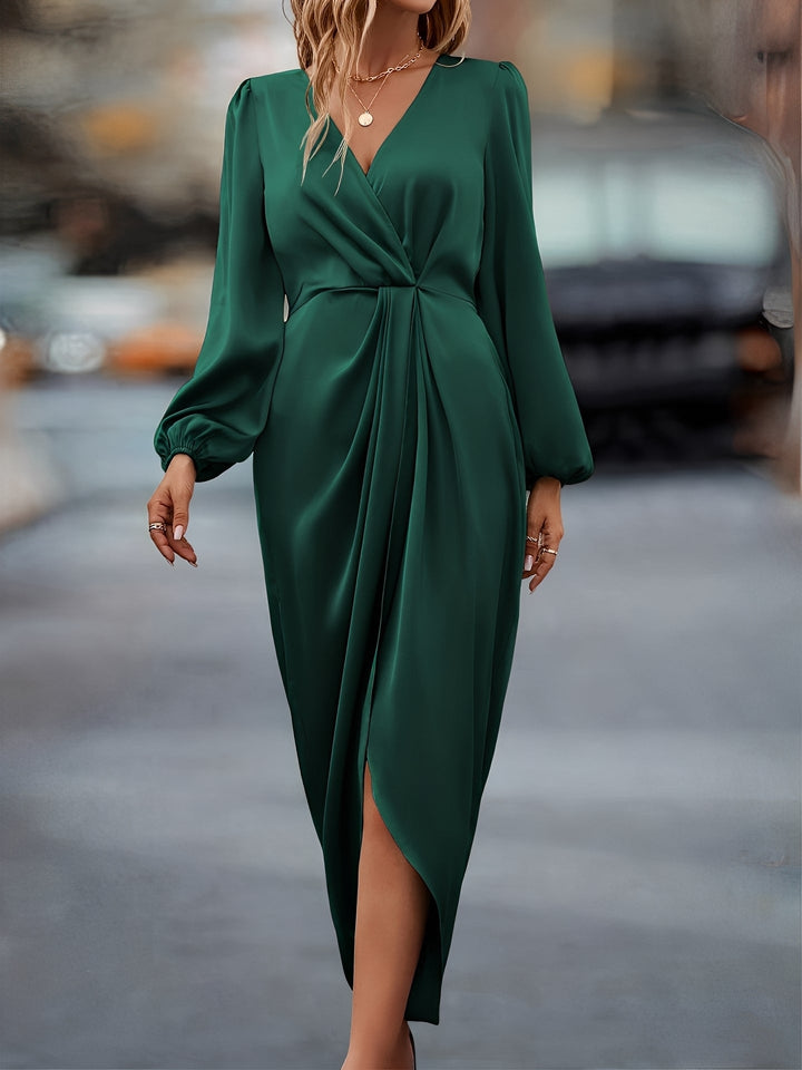 Damen Wickelkleid mit langen Ärmeln in Maxilänge für Hochzeitsgäste in Zielony