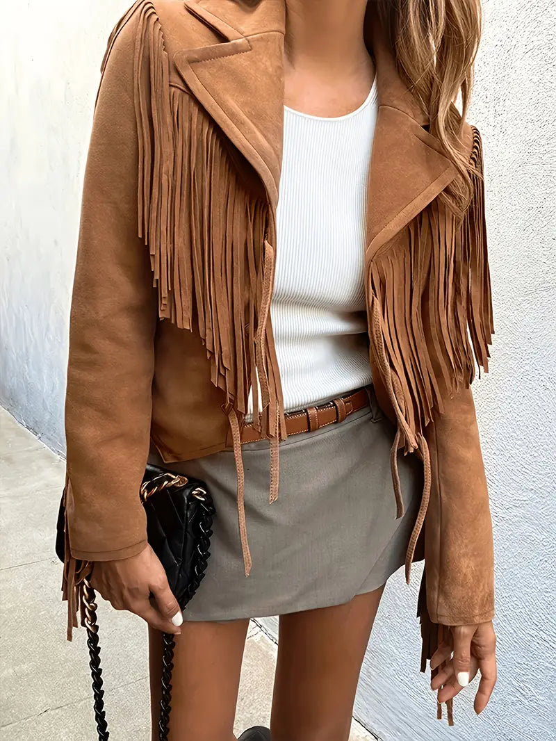 Damen Wildleder-Fransenjacke im Boho-Stil in Braun