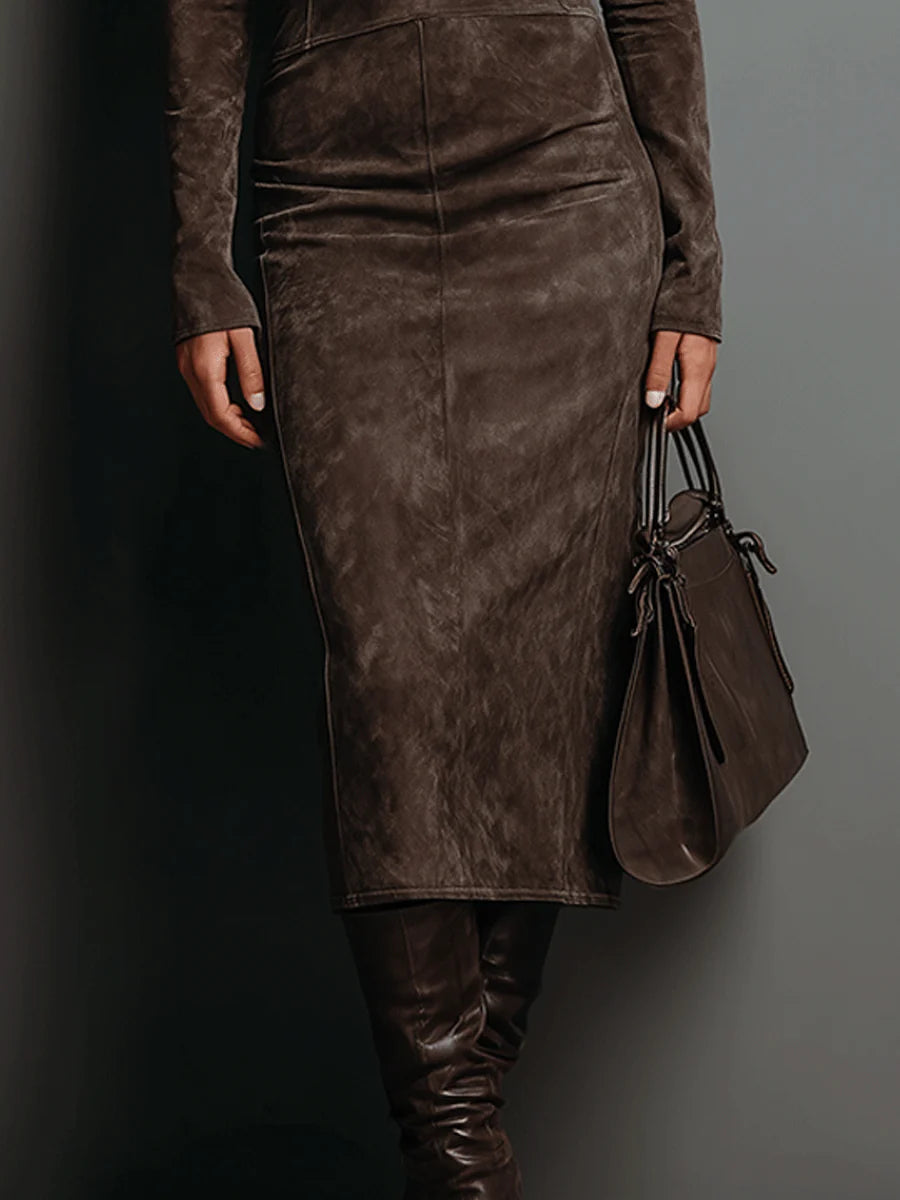 Damen Wildleder Herbstkleid in Midilänge (5)