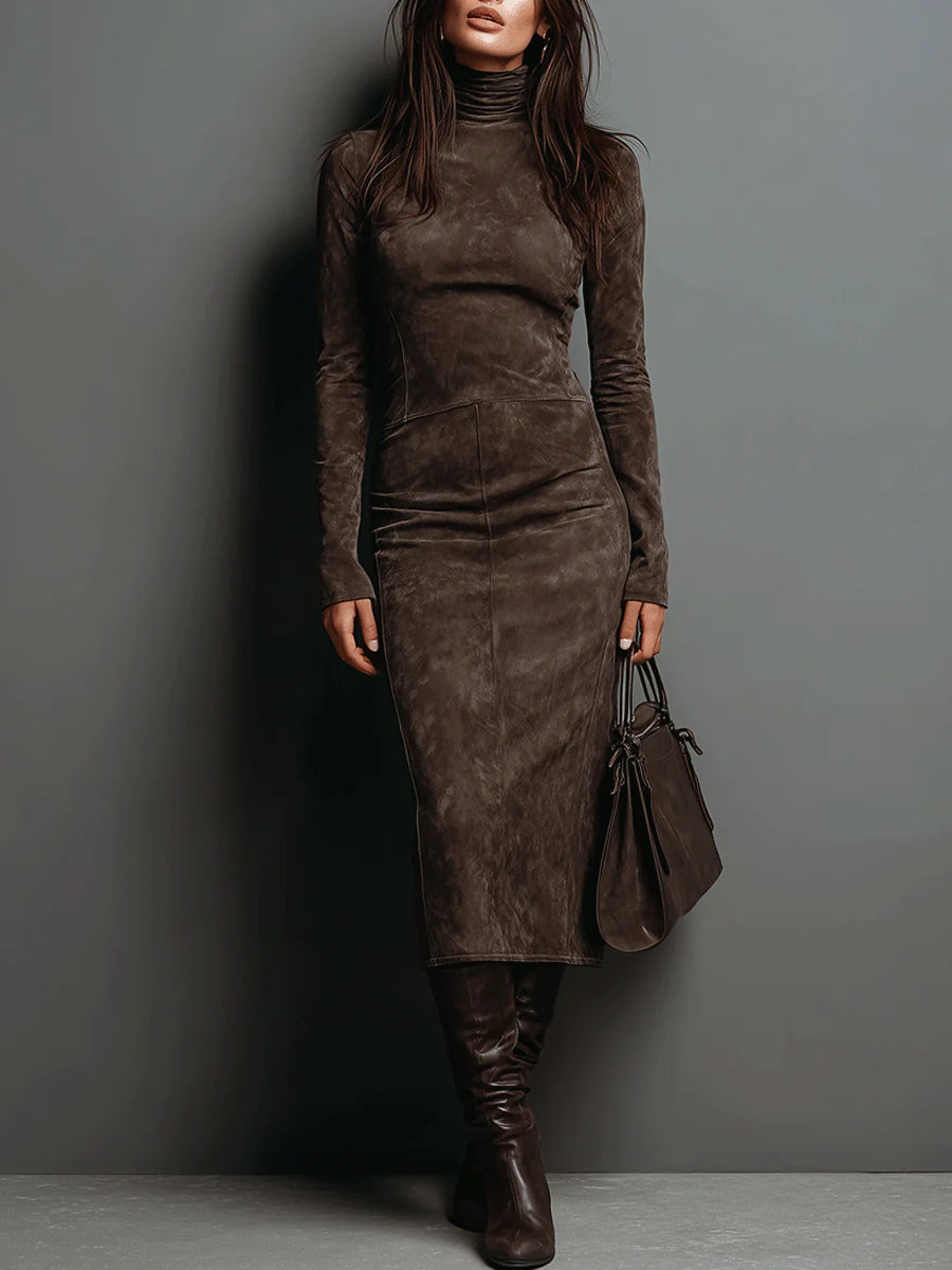 Damen Wildleder Herbstkleid in Midilänge in Coffee