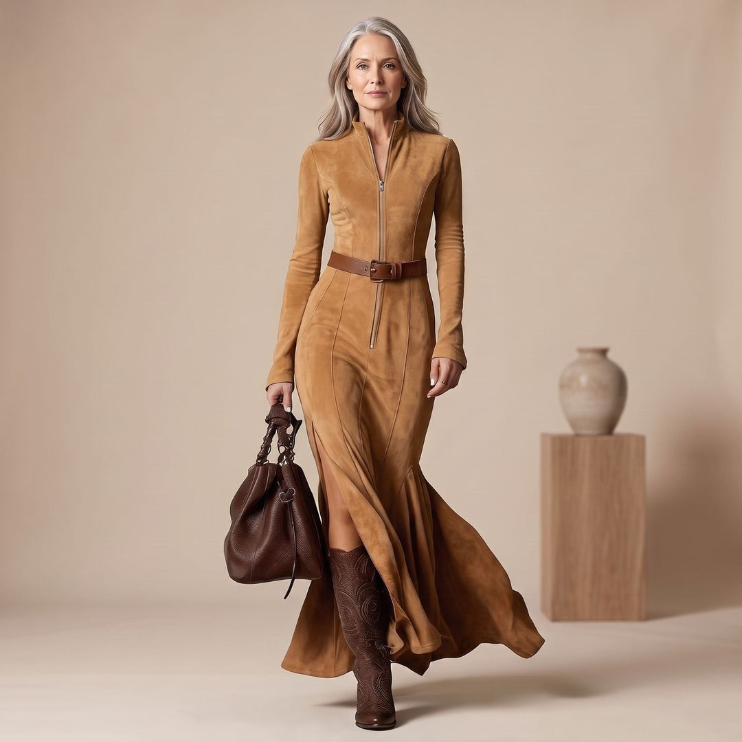 Damen Wildleder Hochzeitsgast-Kleid im Maxi-Schnitt in Kamelbraun