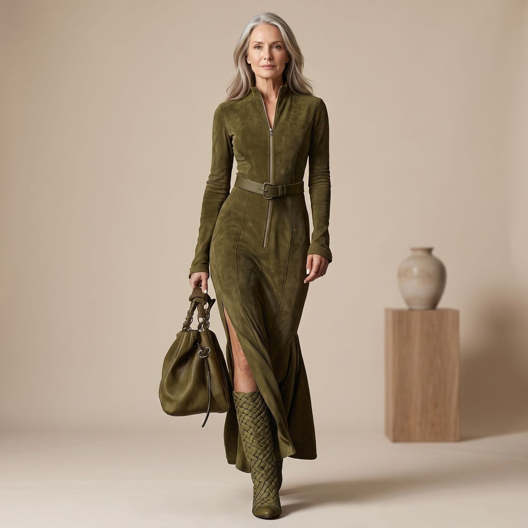 Damen Wildleder Hochzeitsgast-Kleid im Maxi-Schnitt in Olivgrün