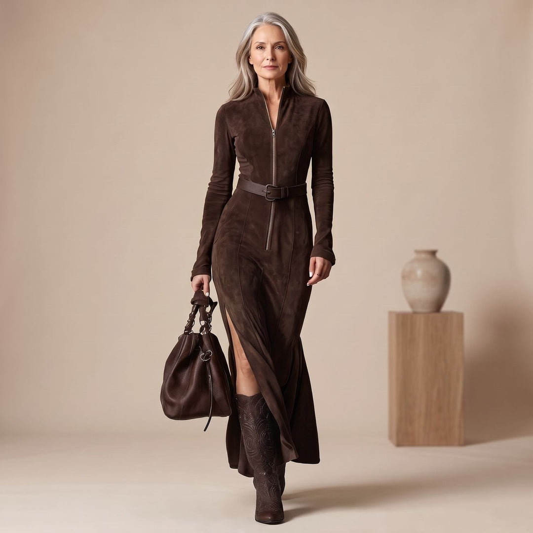 Damen Wildleder Hochzeitsgast-Kleid im Maxi-Schnitt in Schokoladenbraun