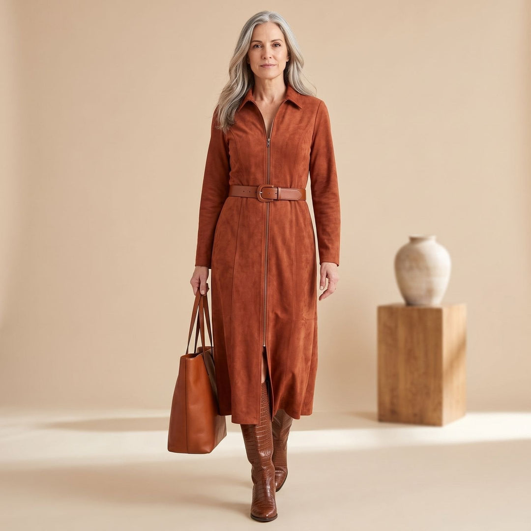 Damen Wildleder Hochzeitsgast-Kleid im Maxi-Schnitt in Terrakottabraun