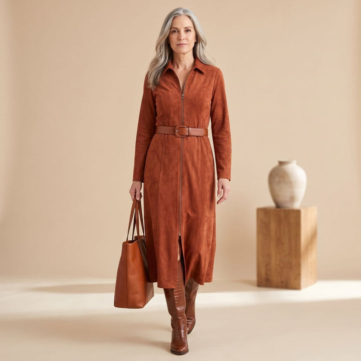 Damen Wildleder Hochzeitsgast-Kleid im Maxi-Schnitt in Terrakottabraun