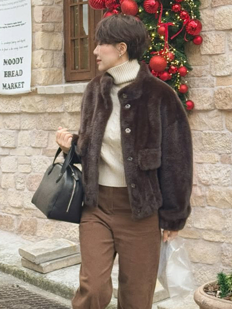 Damen Winterjacke aus Teddy-Kunstfell im Boxy-Schnitt in Dunkelbraun