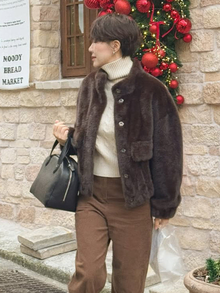 Damen Winterjacke aus Teddy-Kunstfell im Boxy-Schnitt in Dunkelbraun