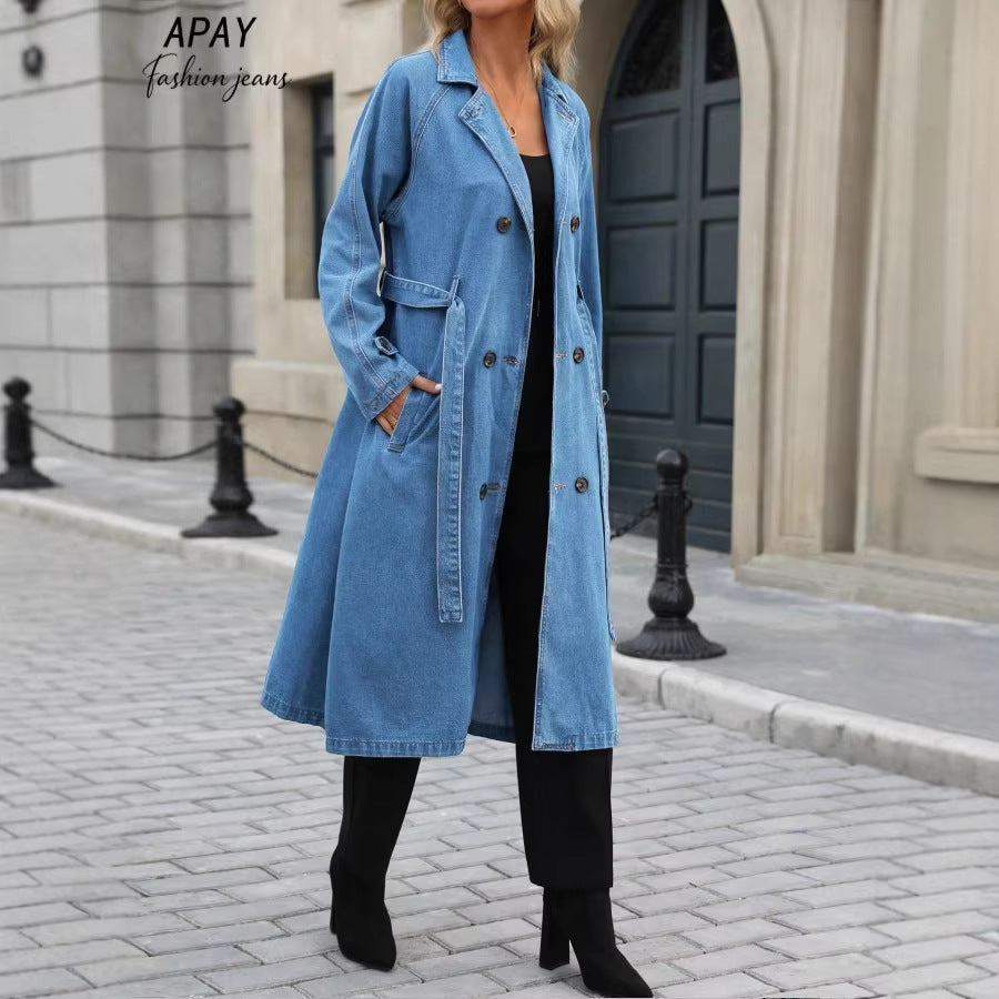 Damen Winterjacke Denim im Trench-Stil mit Bindegürtel in Mittelblau