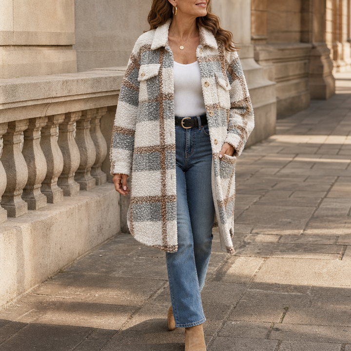 Damen Winterjacke im Karo-Muster mit Sherpa (4)