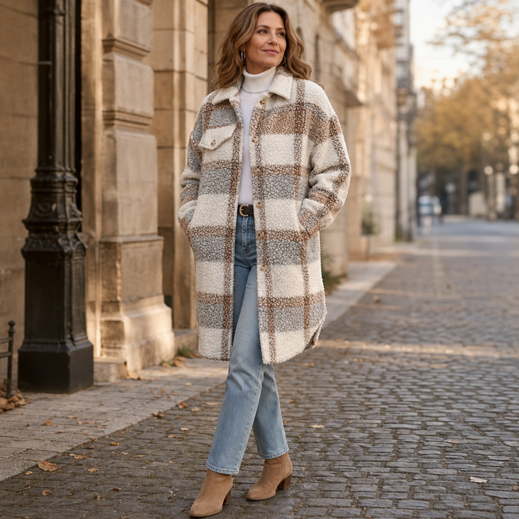Damen Winterjacke im Karo-Muster mit Sherpa (5)