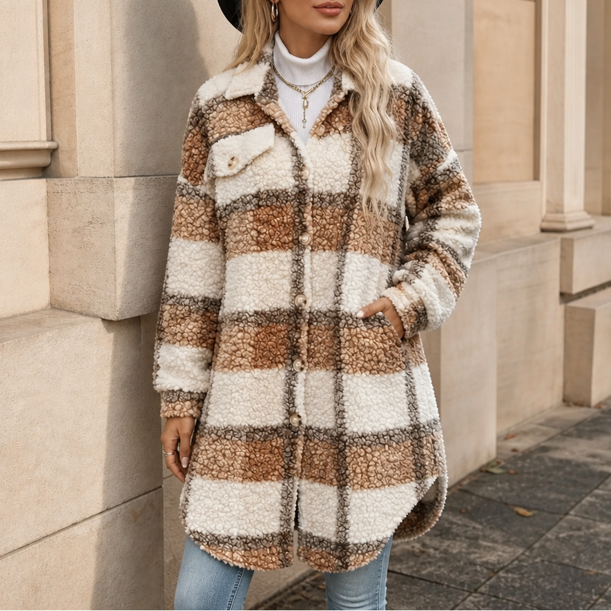 Damen Winterjacke im Karo-Muster mit Sherpa in Dunkelbraun