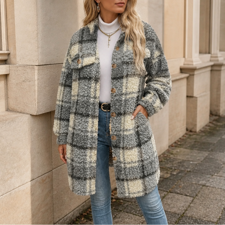 Damen Winterjacke im Karo-Muster mit Sherpa in Dunkelgrau