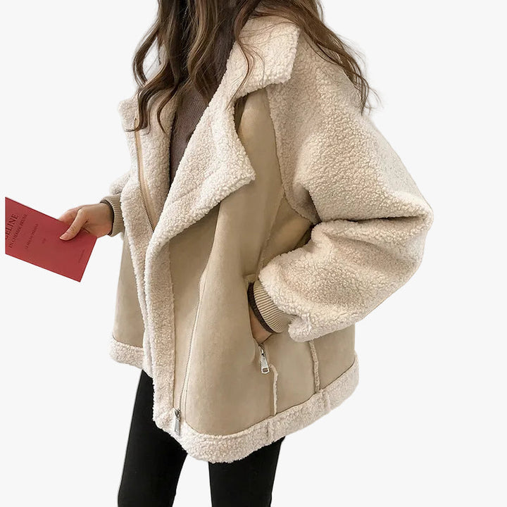 Damen Winterjacke im Kunstlammfell-Stil für Herbst in Beige