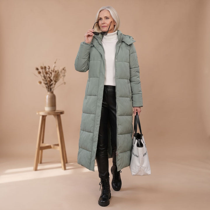 Damen Winterjacke im langen Schnitt mit Kapuze in Grün